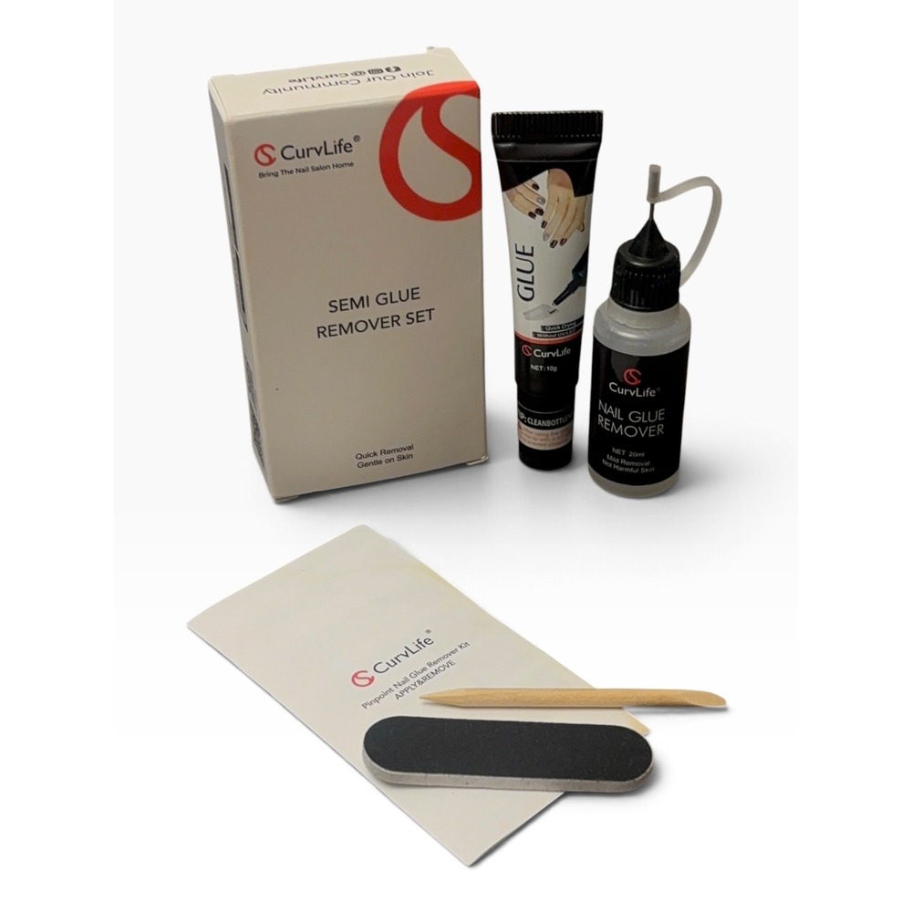 CurvLife Semi Glue Remover Set for Fake Nail Tips with Glue and File Kit